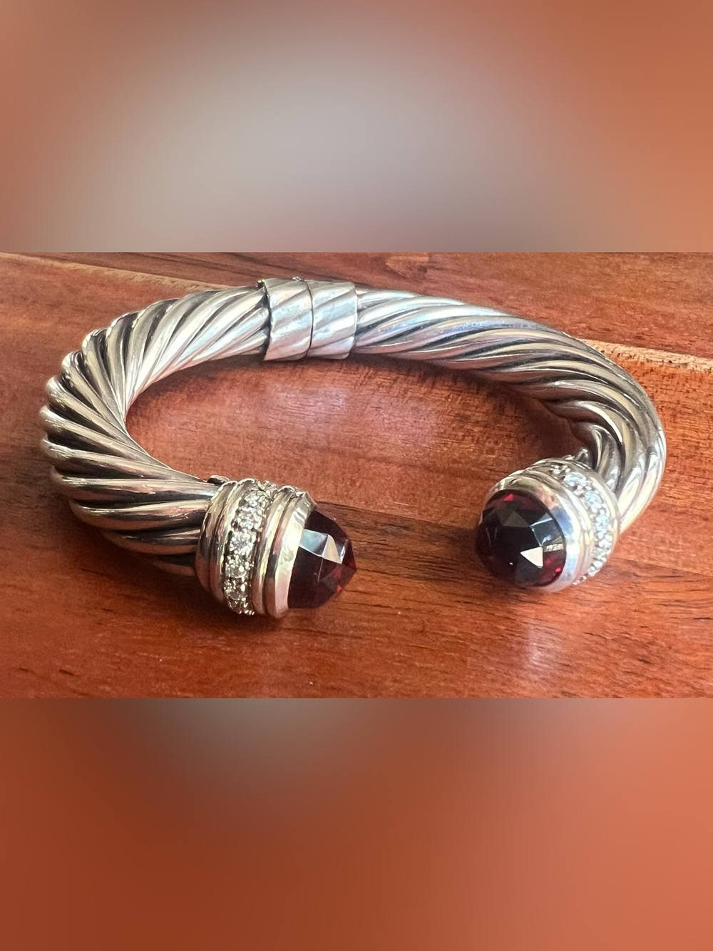 David Yurman 10mm Sterling Silver Diamond Garnet Hinged Bracelet Size Medium